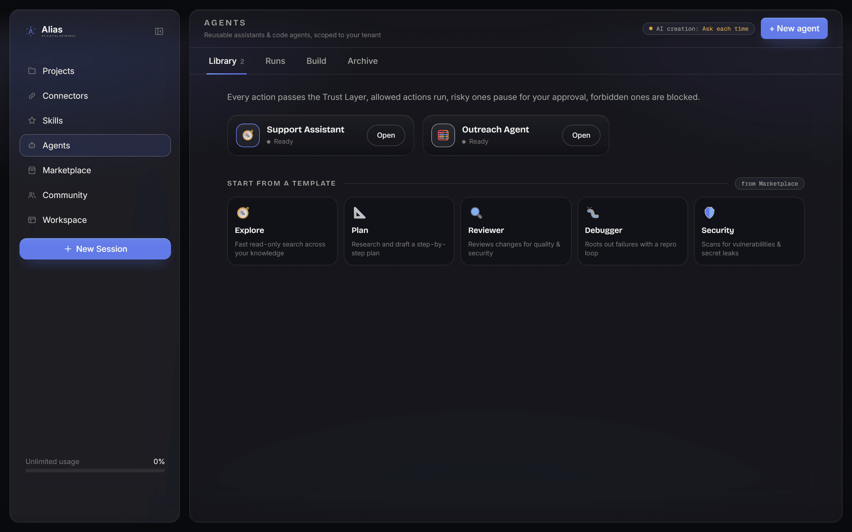 The Agents tab in Alias, showing reusable assistants and code agents.