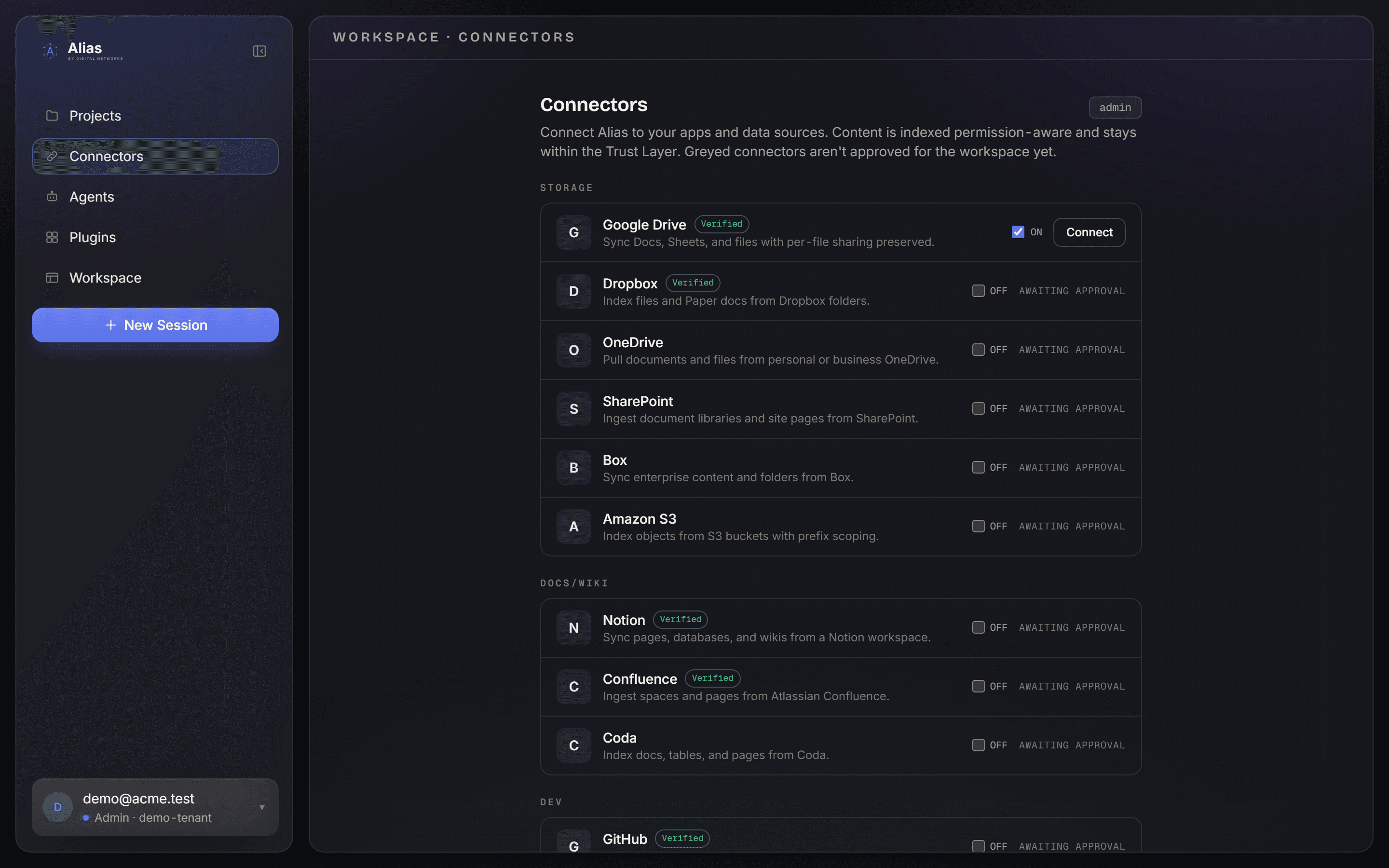 The Alias connectors page listing verified, permission-aware data-source integrations