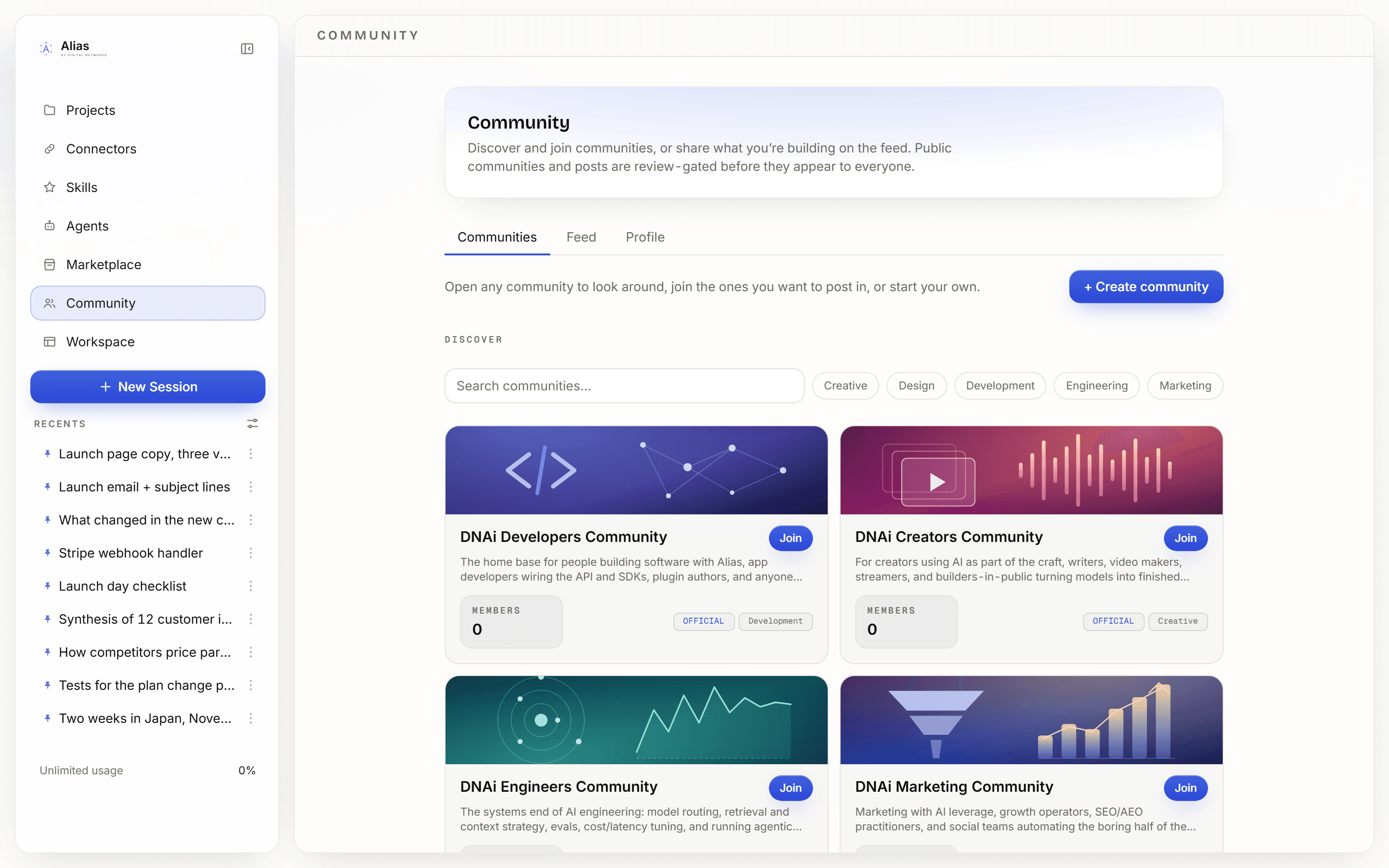 The Community tab in Alias, showing communities you can join and a shared feed.