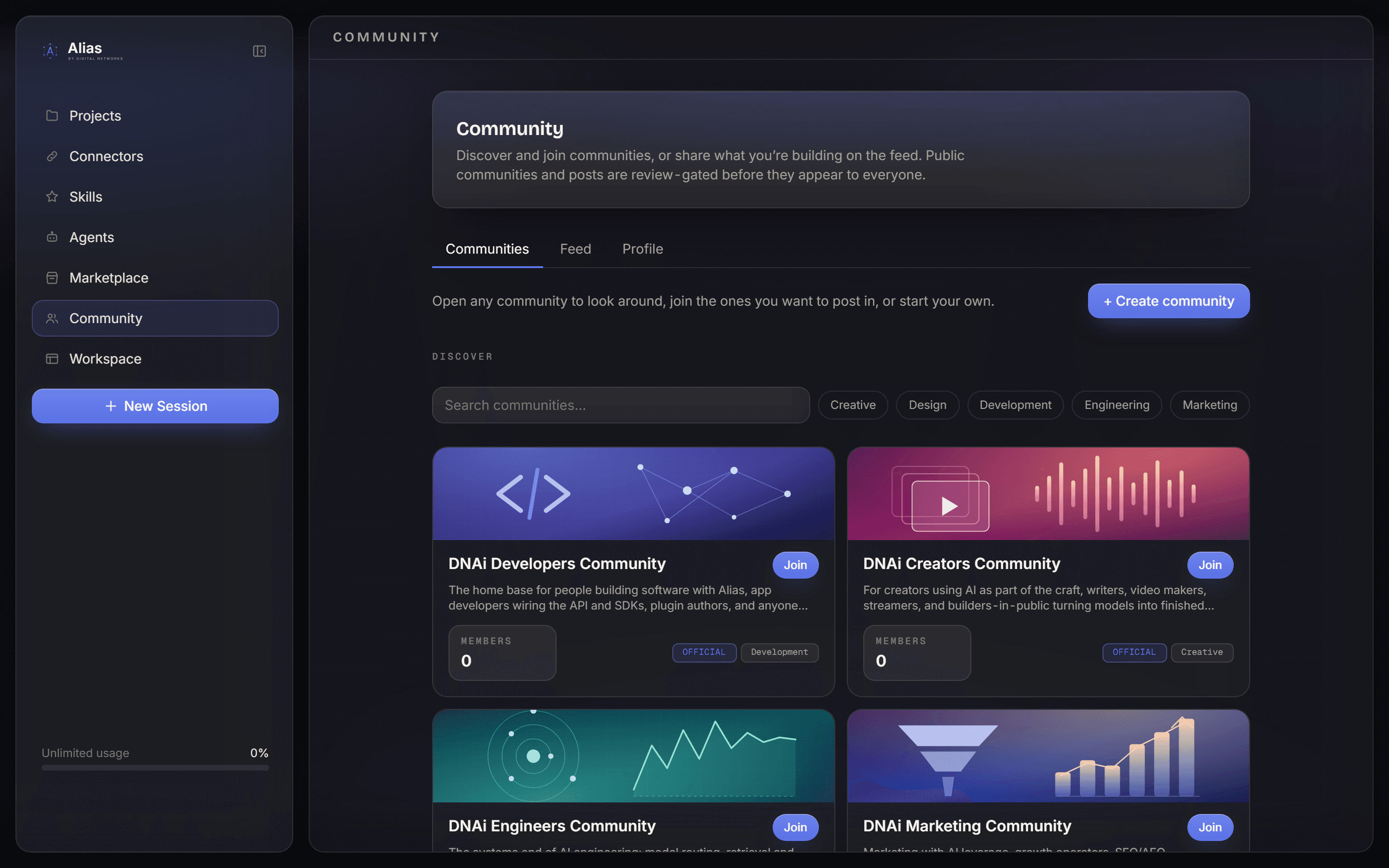 The Community tab in Alias, showing public communities and a shared feed.