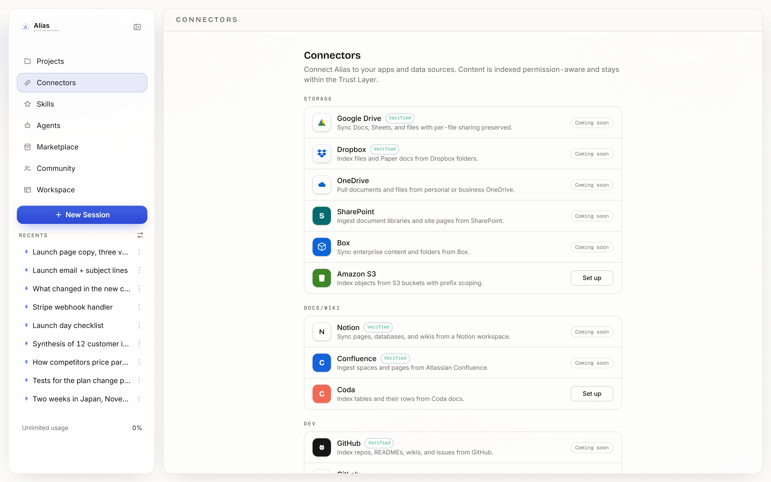 The Connectors tab in Alias, showing apps and data sources grouped by category.