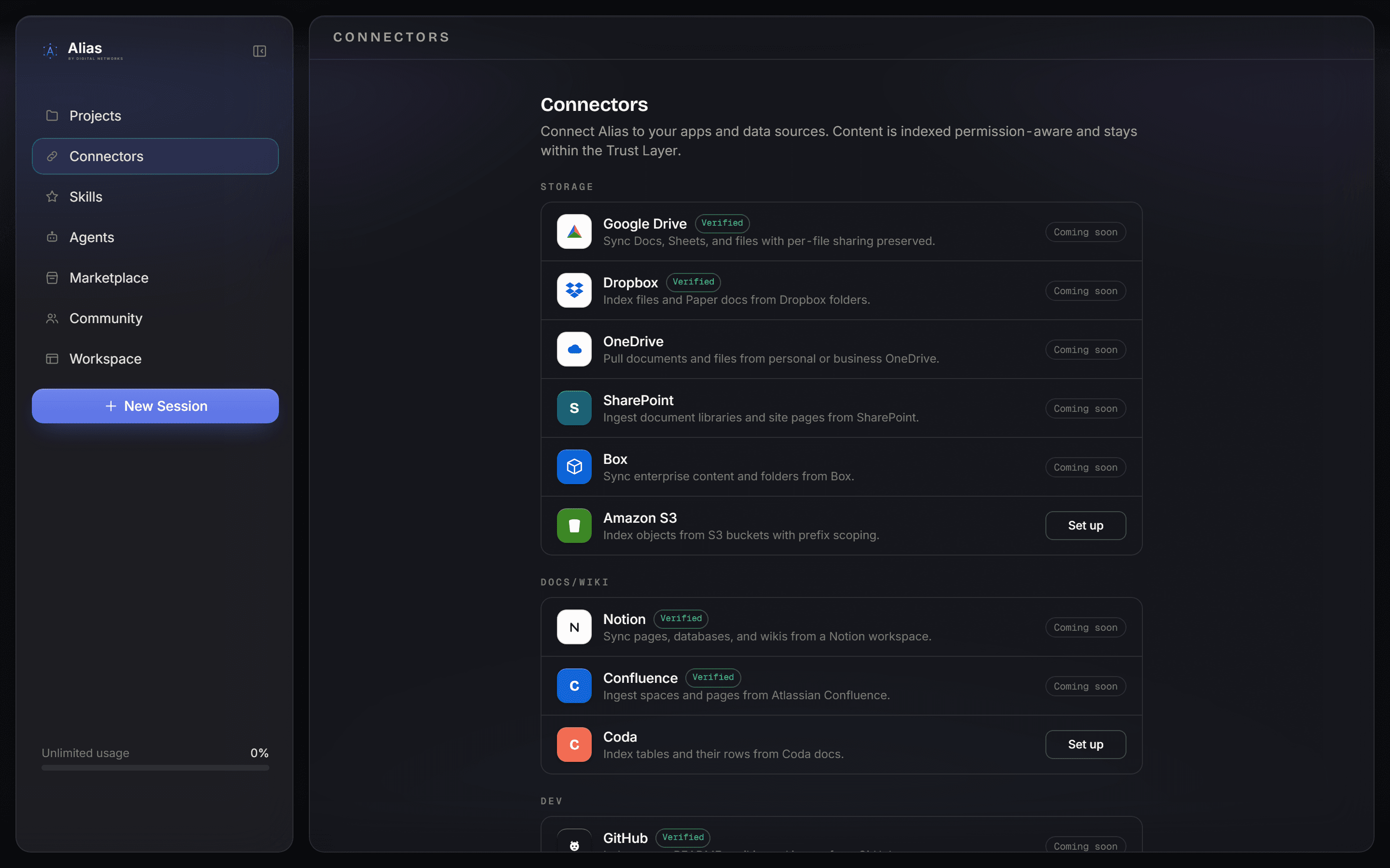 The Connectors tab in Alias, showing apps and data sources you can link.