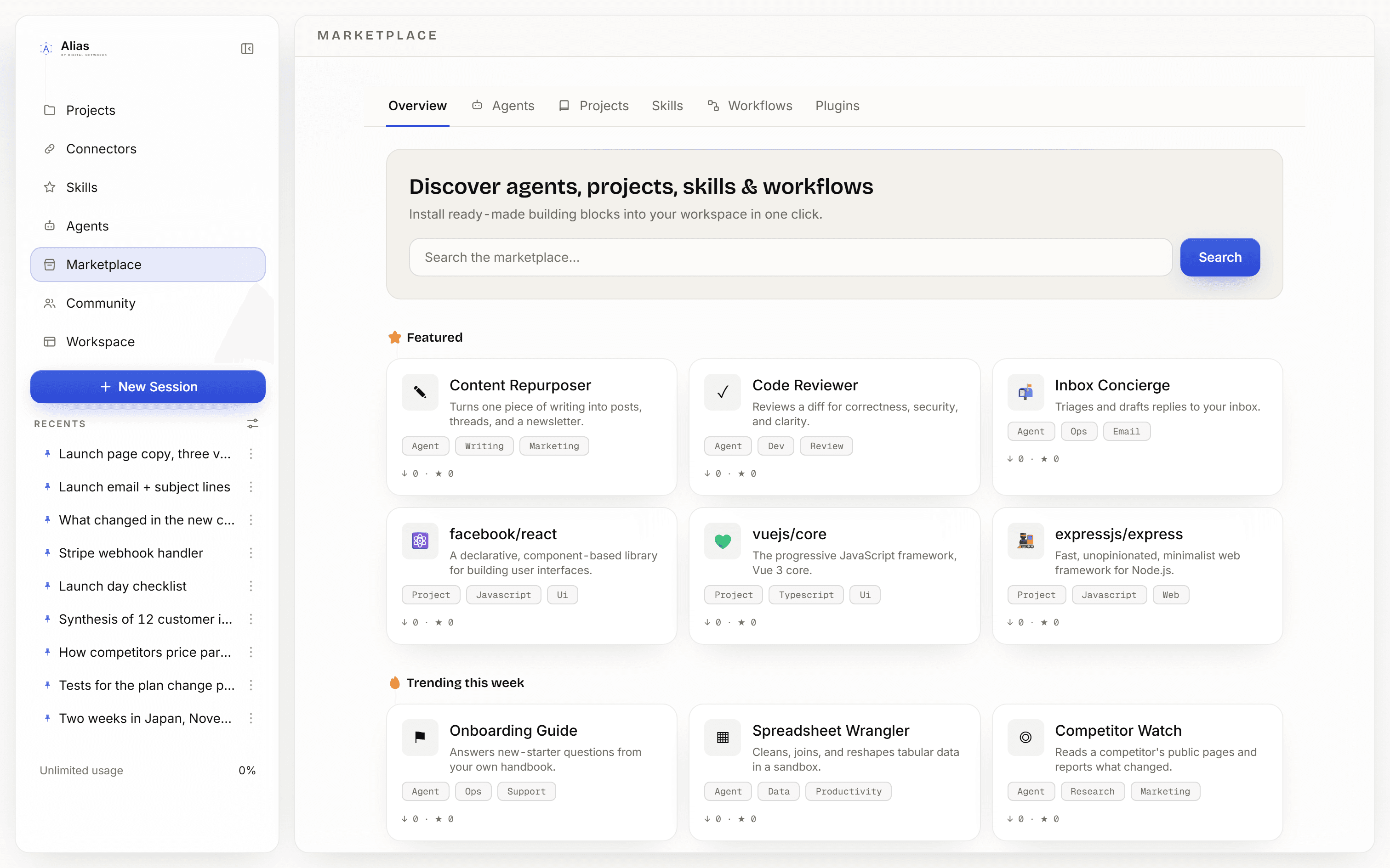 The Marketplace tab in Alias, showing featured and trending items to install.