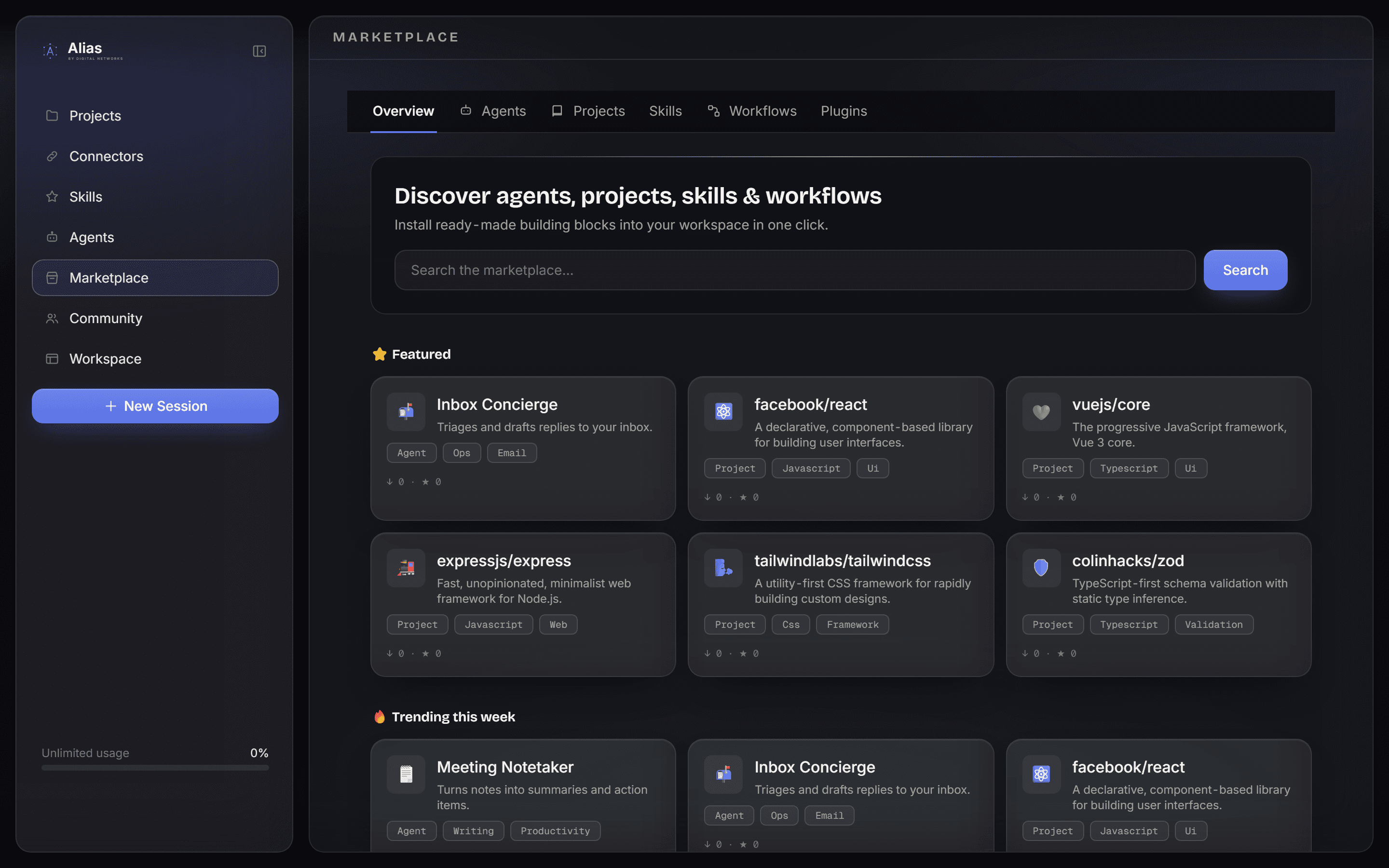 The Marketplace tab in Alias, showing featured and trending items to install.