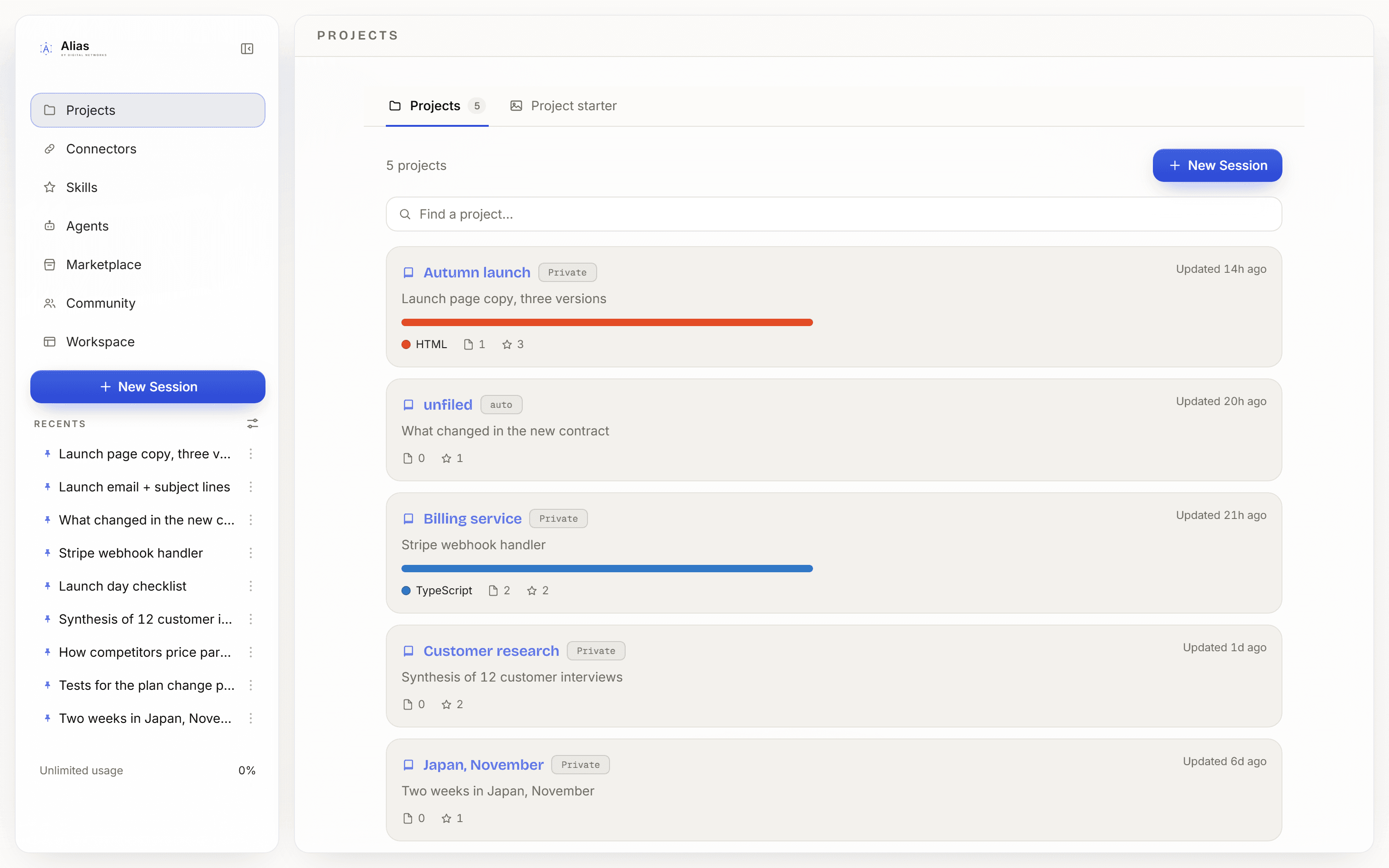 The Projects tab in Alias, listing five projects with their files and last activity.