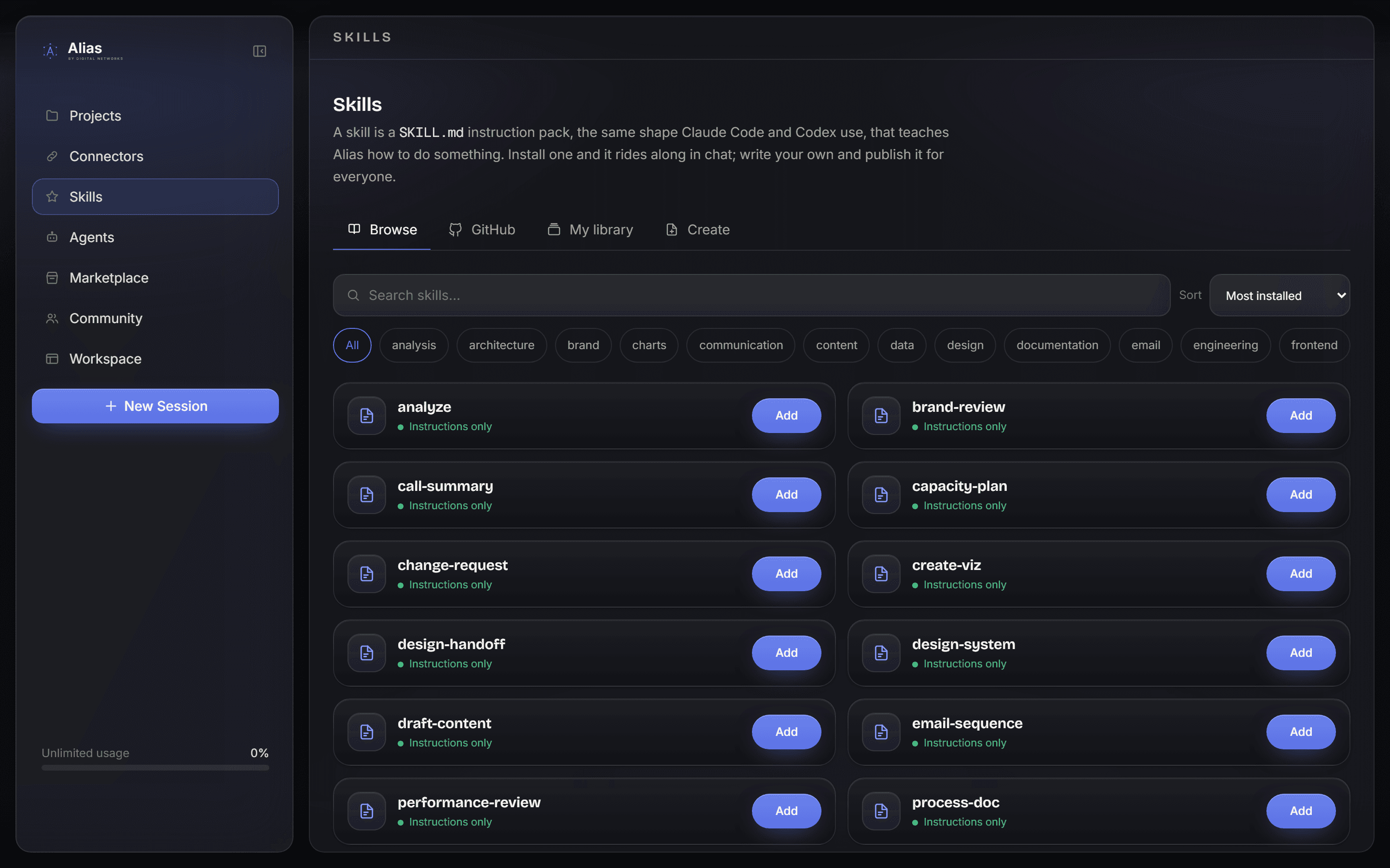 The Skills tab in Alias, listing installed instruction packs.