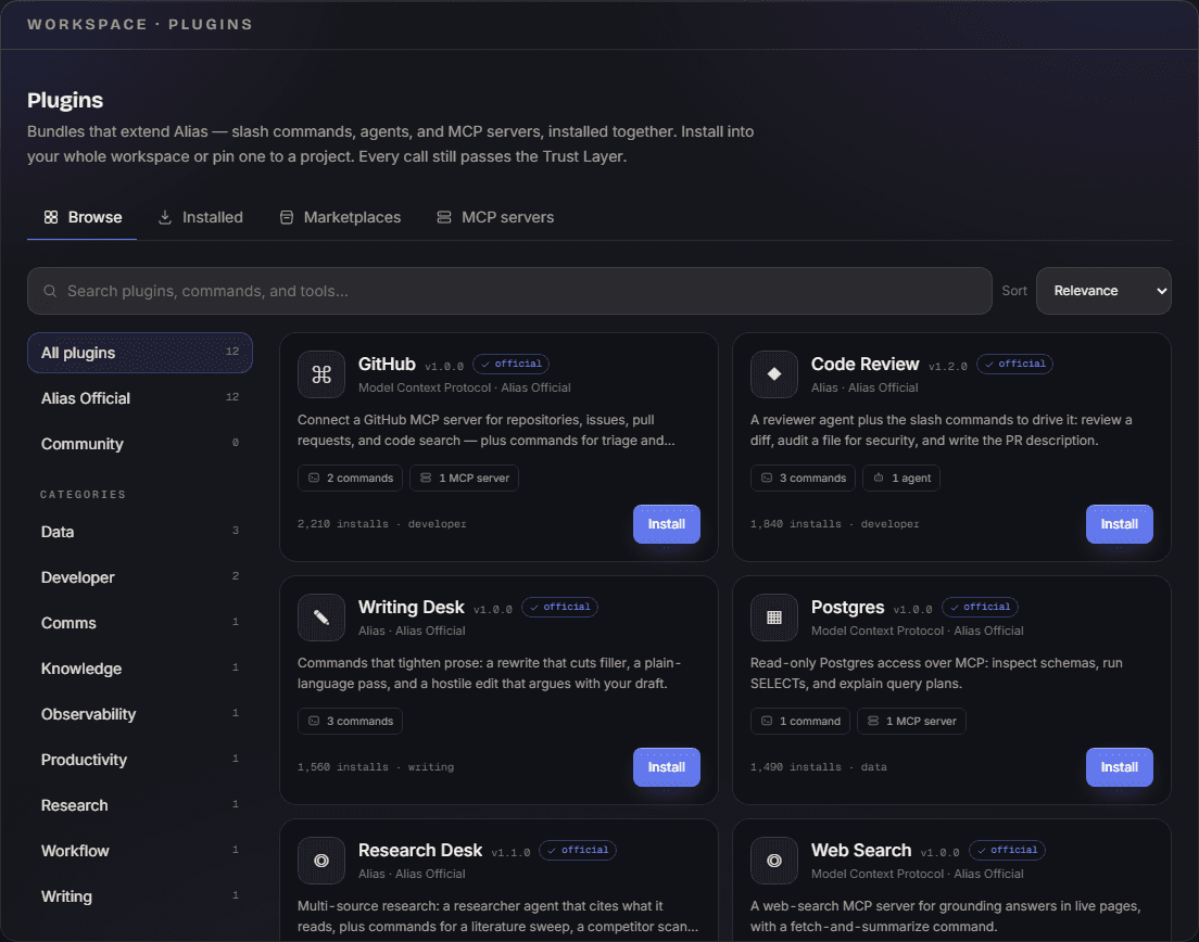The plugins browser with a category sidebar and official plugin cards showing their command and MCP-server counts