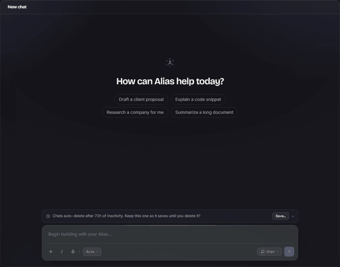 The Alias chat workspace with its starter prompts and the composer's model, mode, and voice controls
