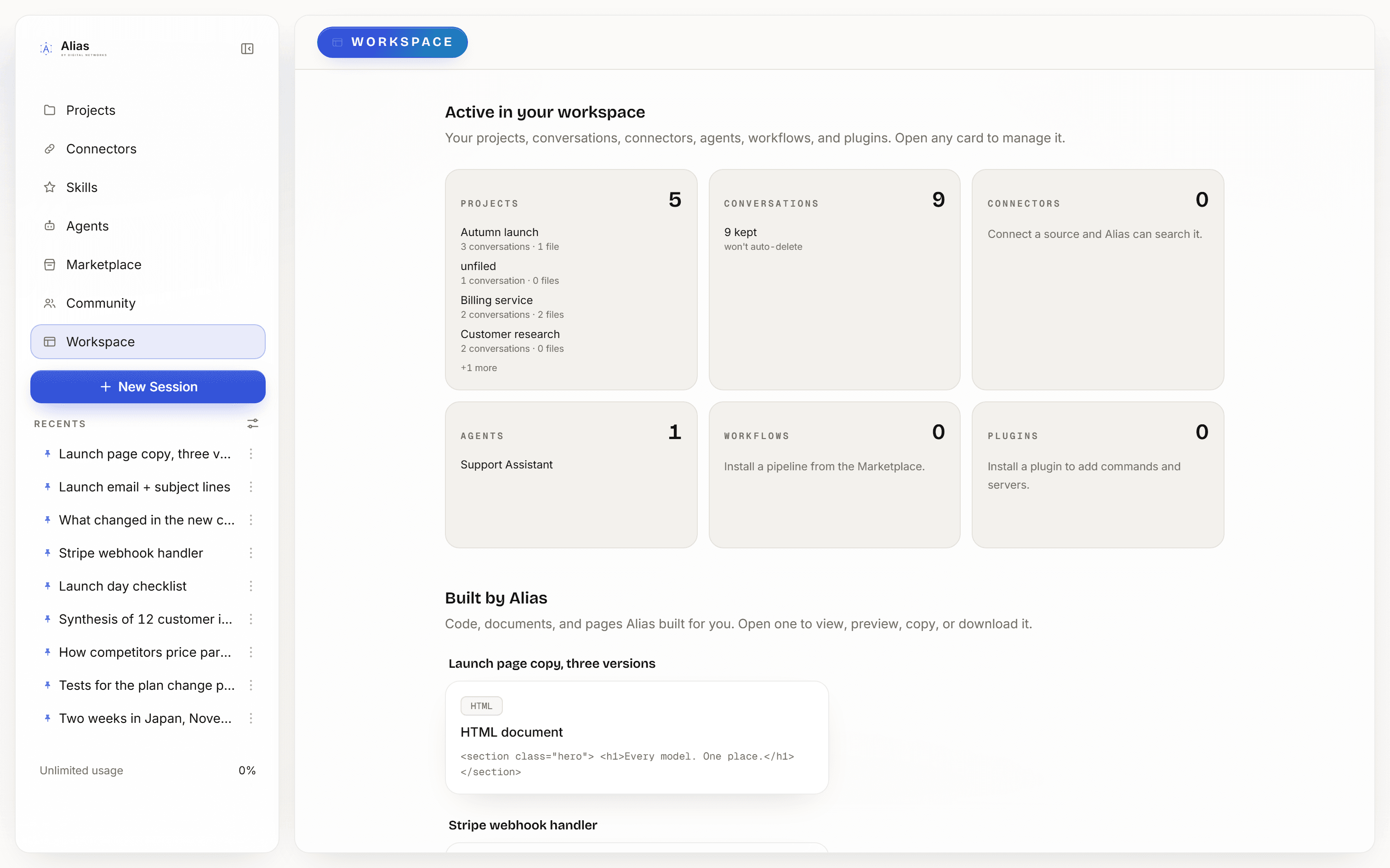 The Workspace tab in Alias, counting what is live in the account and listing what Alias has built.